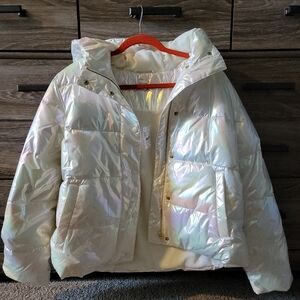J. Crew Factory Iridescent Opal Shimmer White Puffer Jacket Large